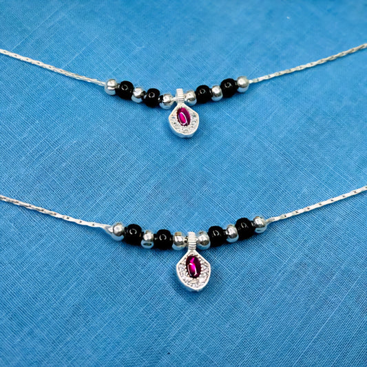 925 Sterling Silver Black Bead Anklet with Pink Stone Pendant – Traditional Payal for Women