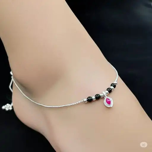 925 Sterling Silver Black Bead Anklet with Pink Stone Pendant – Traditional Payal for Women