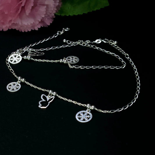925 Sterling Silver Charm Anklet for Girls & Women – Stylish Pendant Payal with Bunny & Floral Charms