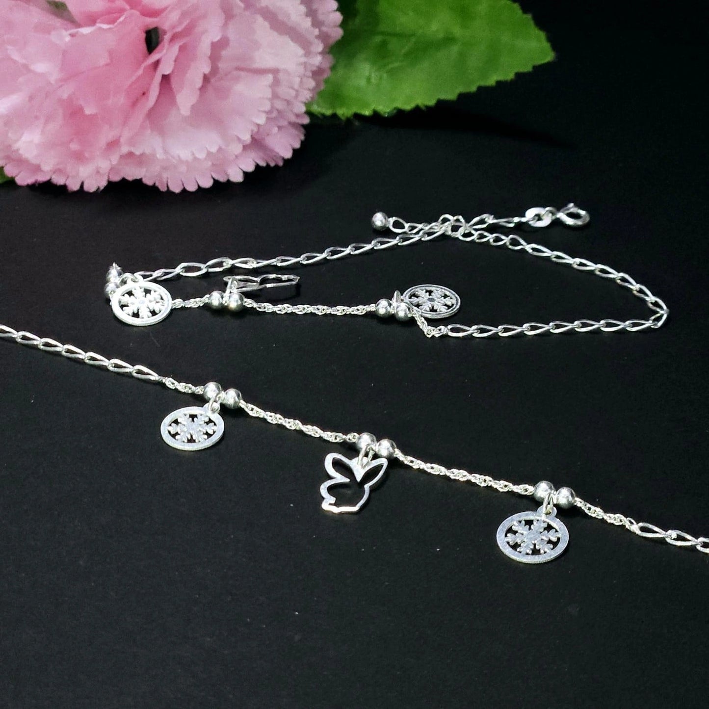 925 Sterling Silver Charm Anklet for Girls & Women – Stylish Pendant Payal with Bunny & Floral Charms